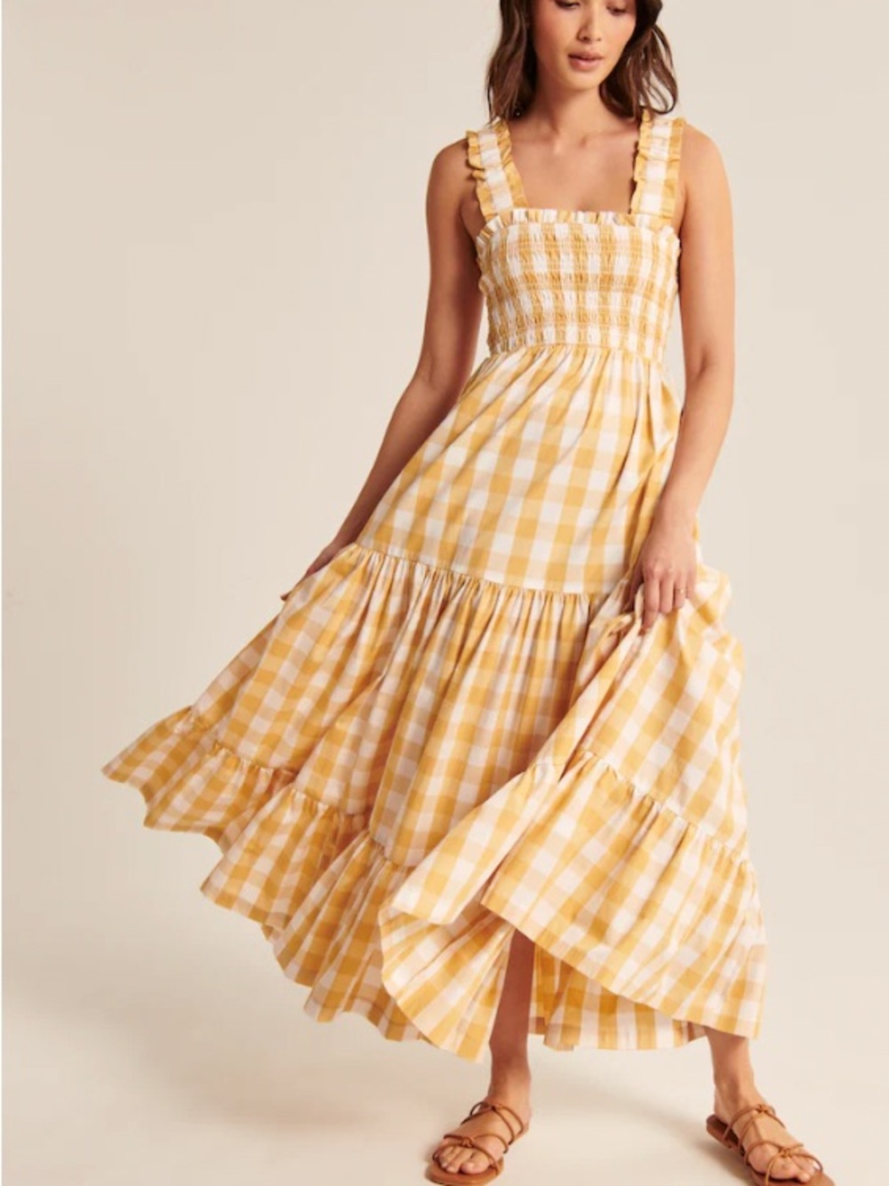 Abercrombie & Fitch Petite XS Gingham Maxi Dress in Yellow and White